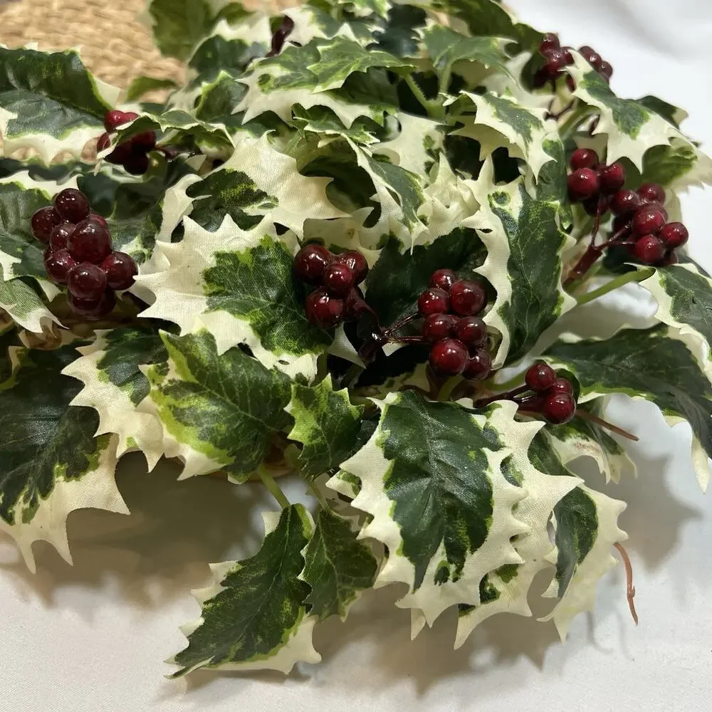 Vintage Candle Ring Centerpiece Wreath Variegated Green White Holly Red Berries